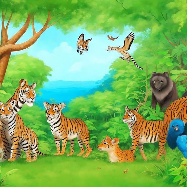 Tiger family in forest or rainforest scene with many trees