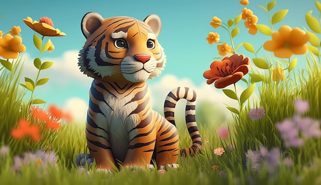 A tiger in a field of flowers