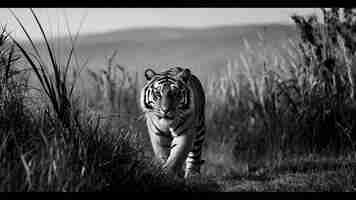 Photo a tiger in a field of grass with a black and white background