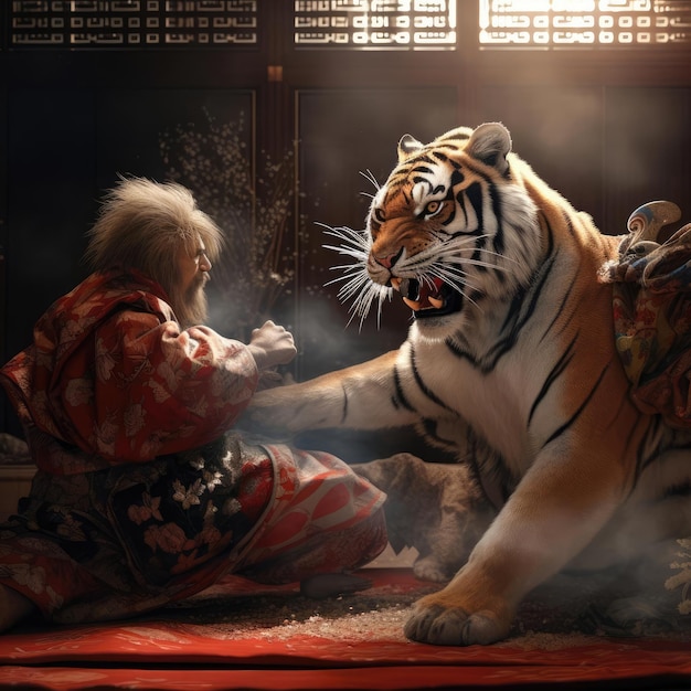 Тигр сражается с человеком