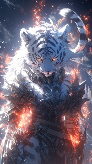 a tiger in flames with a torch in the background