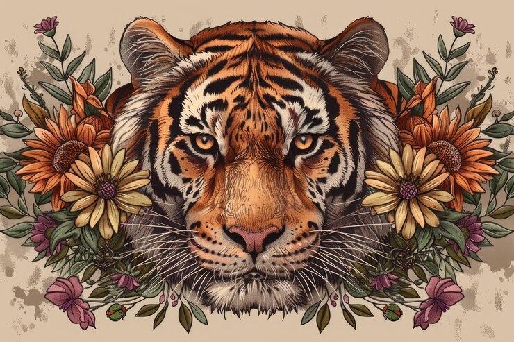 Photo tiger flower wreath tattoo design vector art for creative projects