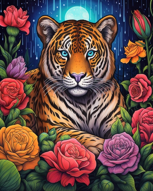Tiger in the flowers with a full moon in the background generative ai