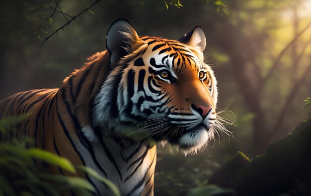 A tiger in the forest realistic photographic illustration