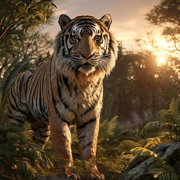 Photo tiger in the forest at sunset wildlife scene digital painting ai generated
