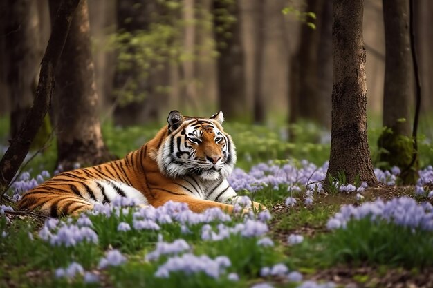 A tiger in a forest with flowers