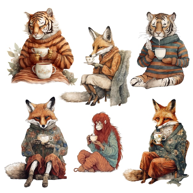 Tiger fox and monkey wearing clothes