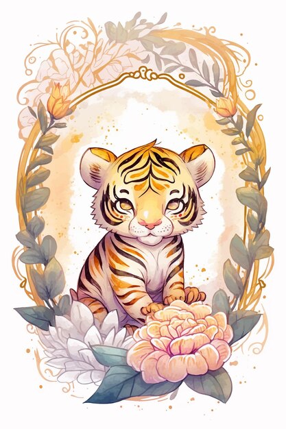 Photo a tiger in a frame of flowers