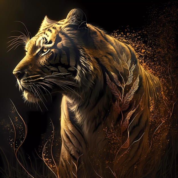 A tiger in the grass with a black background