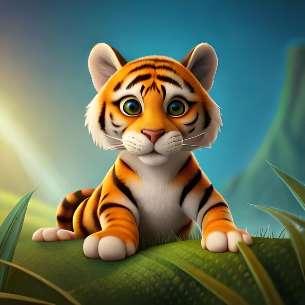 A tiger on a green grass with a blue background.