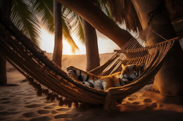 A tiger in a hammock in the beach