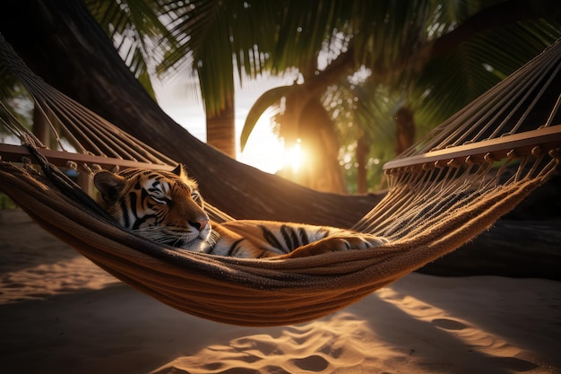 A tiger in a hammock on a beach