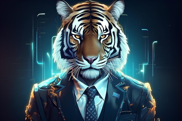 Tiger head businessman with technology