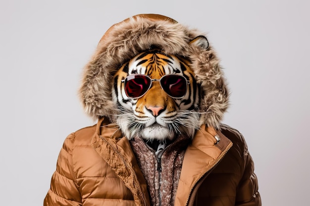 Photo tiger head wearing sunglasses on the human body of a man wearing winter clothes generative ai