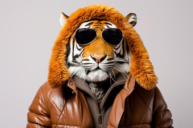 Tiger head wearing sunglasses on the human body of a man wearing winter clothes Generative AI