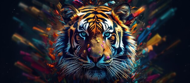 Голова тигра с креативными элементами на красочном генеративном ИИ