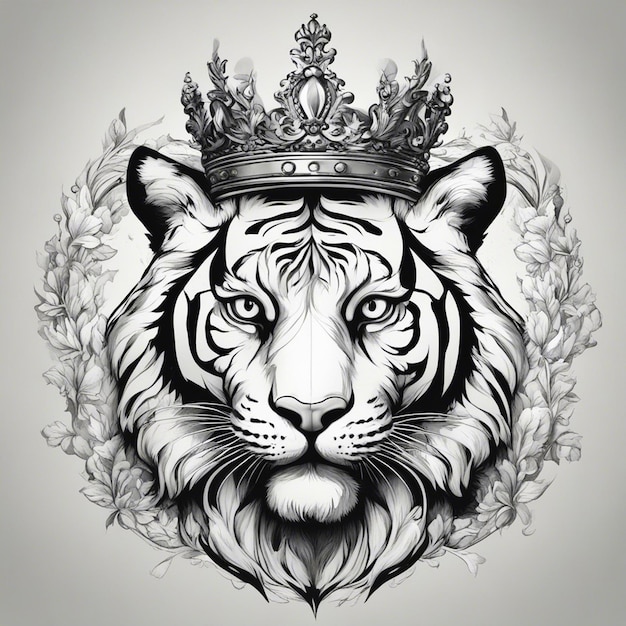 왕관을 가진 호랑이 머리 우아하고 고귀한 로고 검은색과 색 스티커 봉인