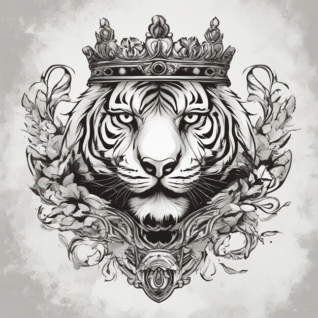 Photo a tiger head with crown elegant and noble logo black and white sticker seal