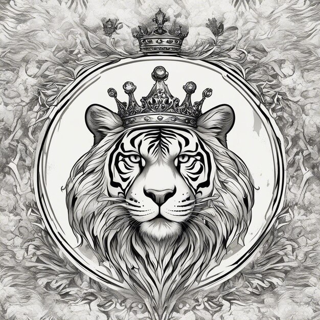 Photo a tiger head with crown elegant and noble logo black and white sticker seal