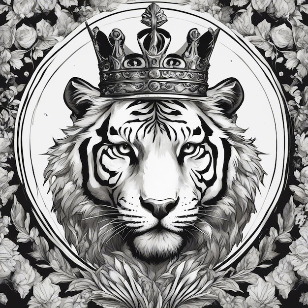 虎の頭と王冠 優雅で高貴なロゴ 黒と白のステッカーシール
