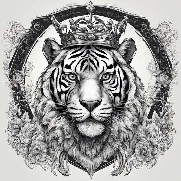 Photo a tiger head with crown elegant and noble logo black and white sticker seal