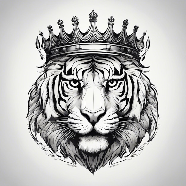 왕관을 가진 호랑이 머리 우아하고 고귀한 로고 검은색과 색 스티커 봉인