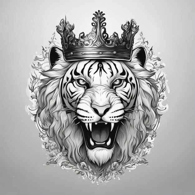 Photo a tiger head with crown elegant and noble logo black and white sticker seal