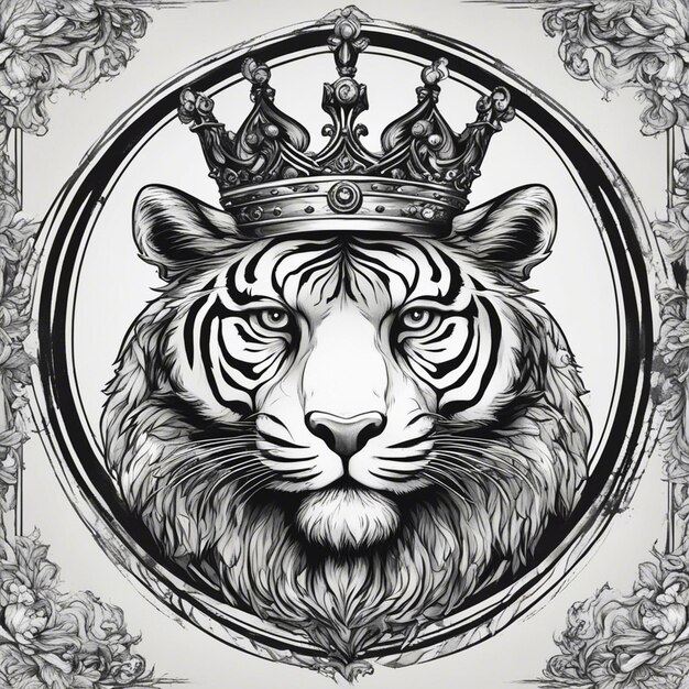 Photo a tiger head with crown elegant and noble logo black and white sticker seal