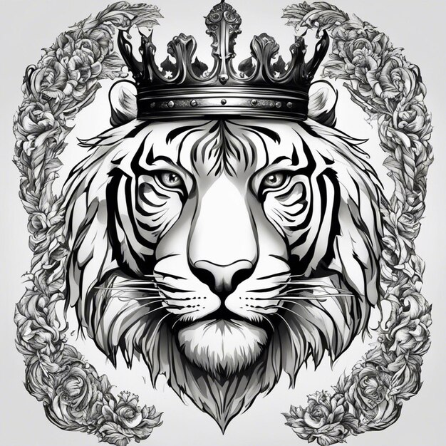 Photo a tiger head with crown elegant and noble logo black and white sticker seal