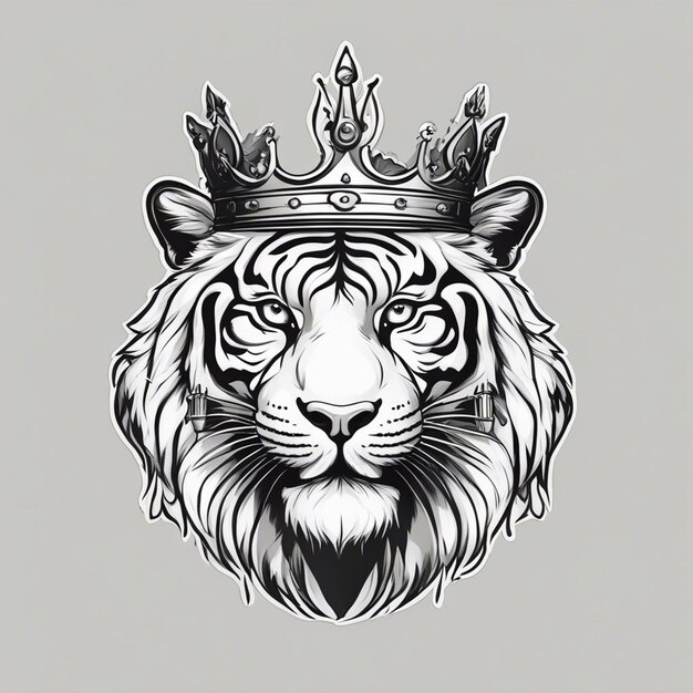 Photo a tiger head with crown elegant and noble logo black and white sticker seal