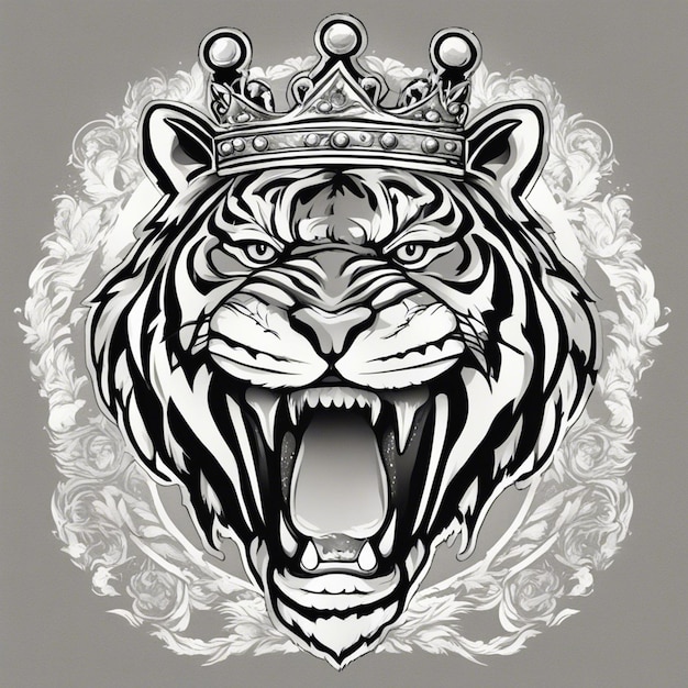 Photo a tiger head with crown elegant and noble logo black and white sticker seal