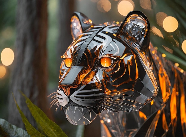 A tiger head with orange lights in the background