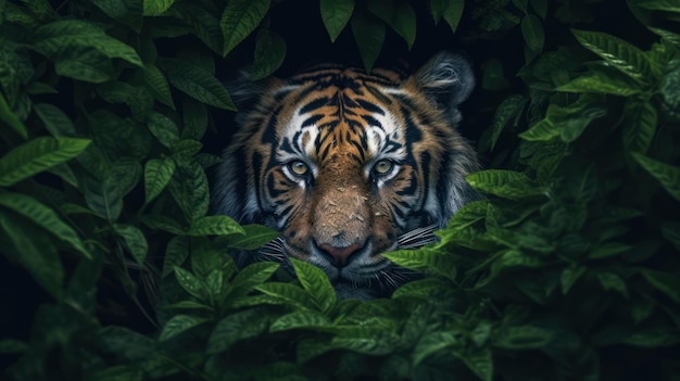 緑の葉に隠れた虎