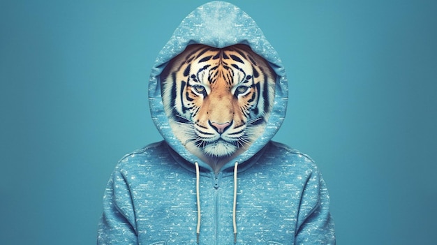 Foto una tigre con una felpa con cappuccio e una felpa blu