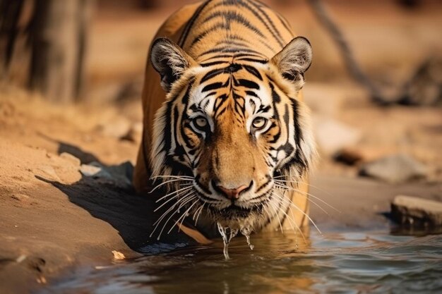 a tiger is drinking from a pool of water