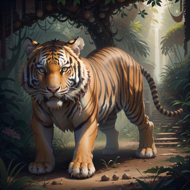 A tiger is in the jungle with a light on it.