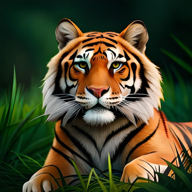 A tiger is laying in the grass and the background is dark