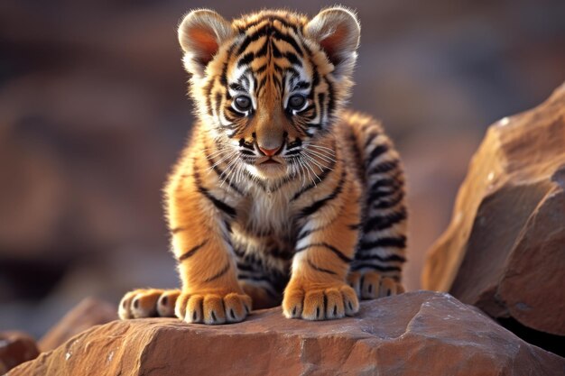 Photo a tiger is laying on a rock and looking at the camera tiny tiger cub on rocks