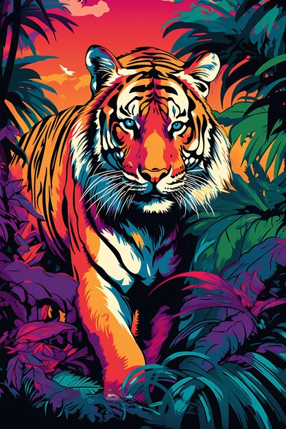 a tiger is painted in bright colors