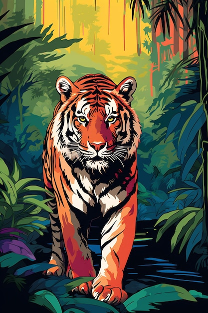 a tiger is painted on a green background with the words tiger