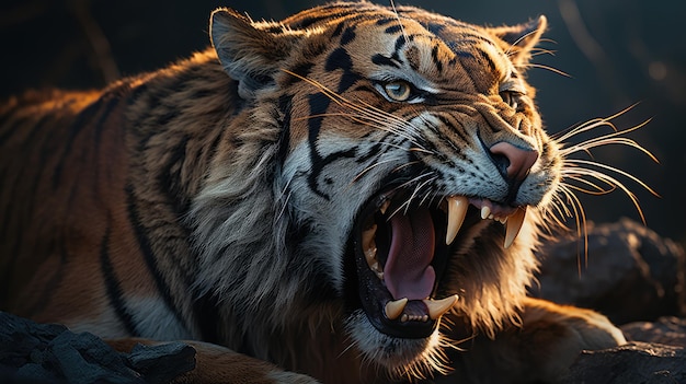 A tiger is roaring on a rock with a full moon in the background