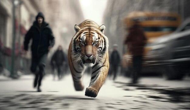 Tiger is runing down a city street ai image