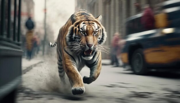 Photo tiger is runing down a city street ai image