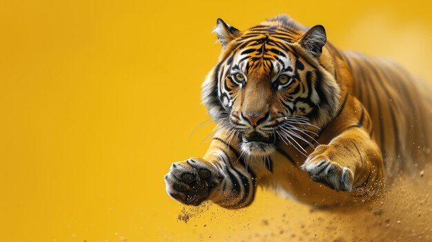 Tiger is running and jumping in solid yellow background