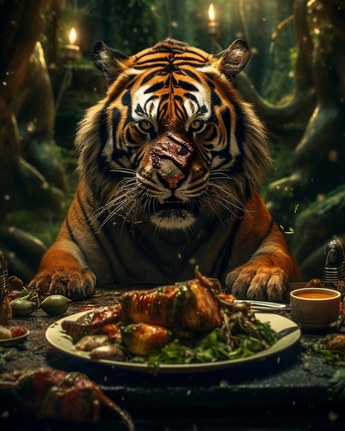 A tiger is sitting at a table with a plate of food.