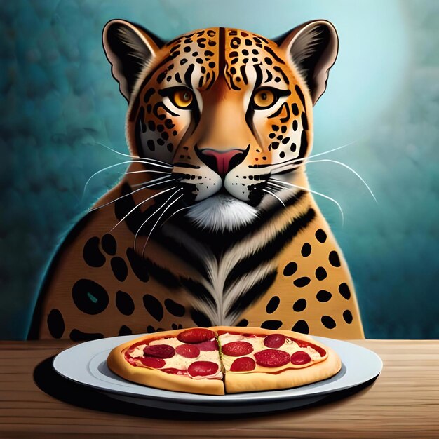 A tiger is sitting on a table with a plate of pizza.