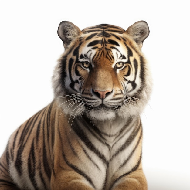 A tiger is sitting on a white background.