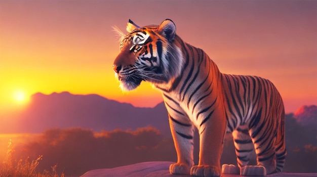 A tiger is standing in front of a sunset