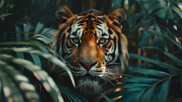 A tiger is standing in the jungle looking at the camera