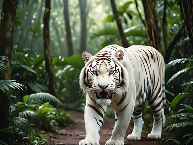 a tiger is standing on a path in the jungle